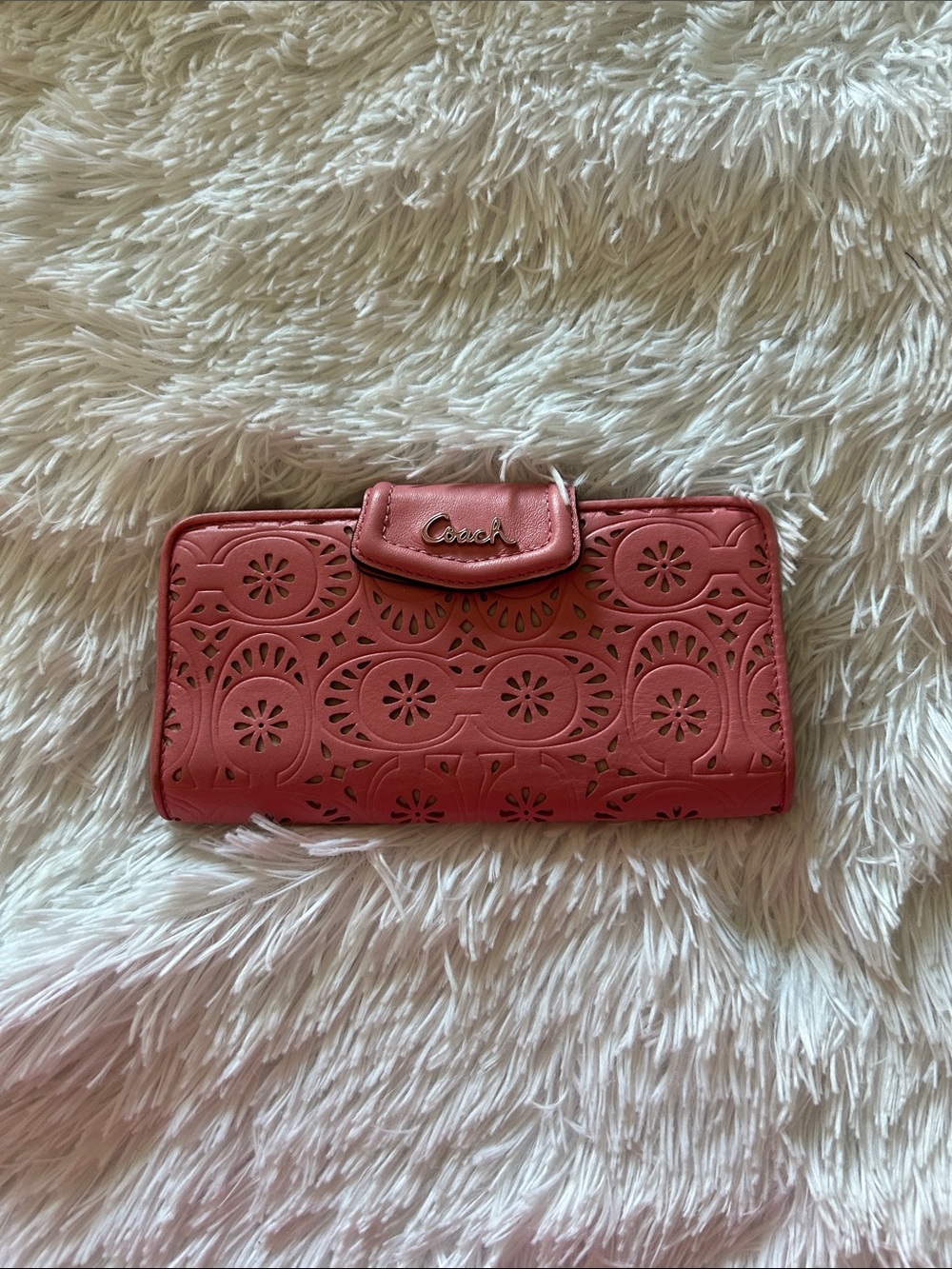 Coach Coral Pink Laser-Cut Leather Wallet